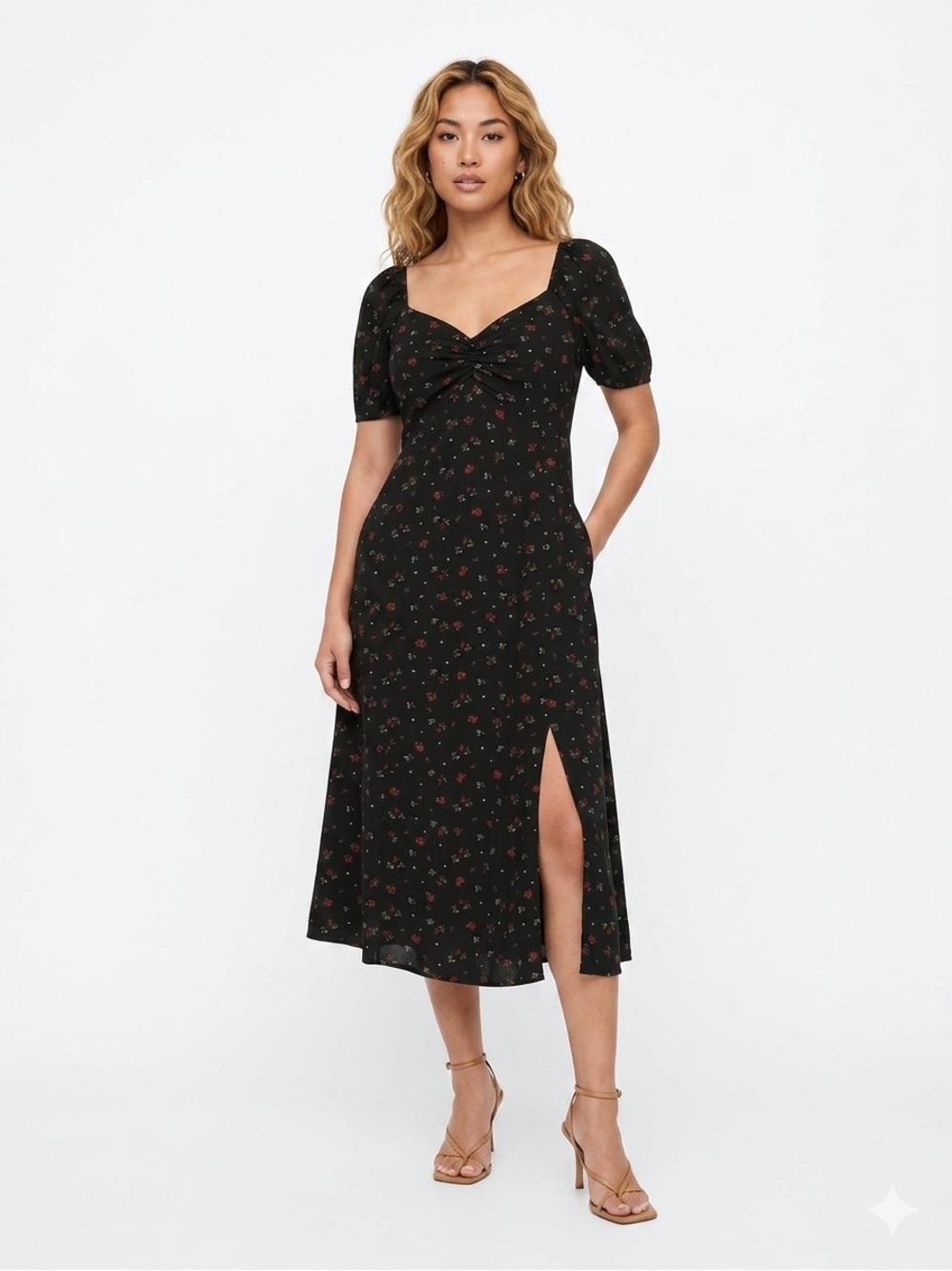 GAP Black Floral Smocked Puff Sleeve Sweetheart Midi Dress